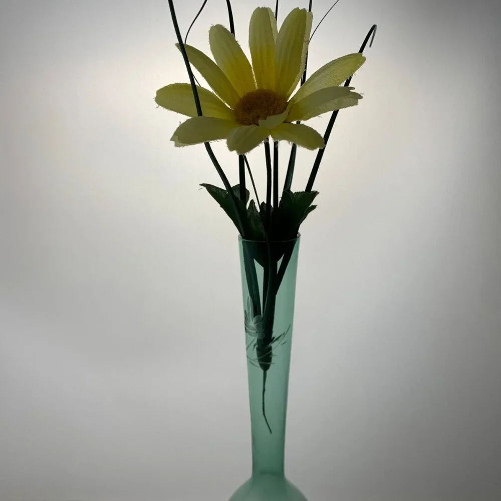 MCM Vintage Green ART Glass Bud Vase Bulb Fluted with Floral Etching 8